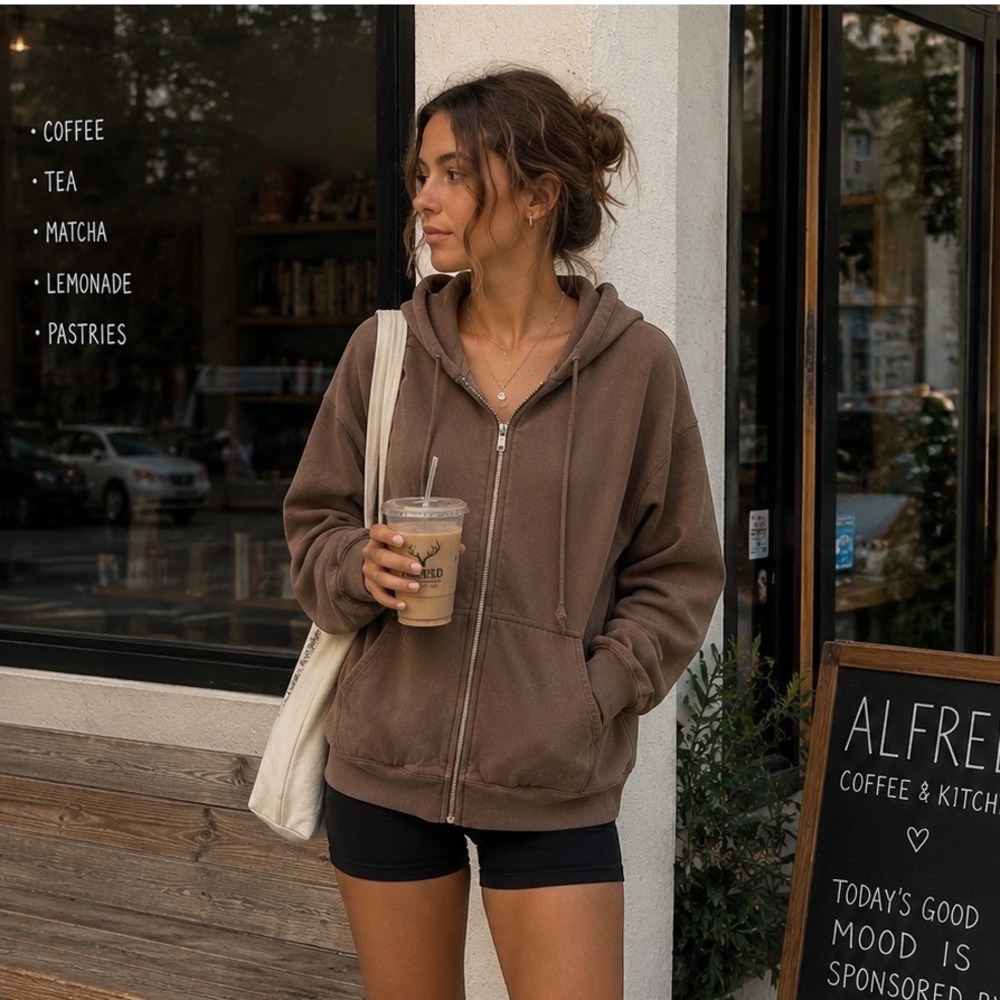 Brandy Melville Brown Oversized Zip Up Hoodie Christie Sweatshirt
